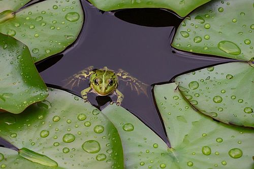 Ein Frosch treibt im Wasser zwischen Seerosenblättern.